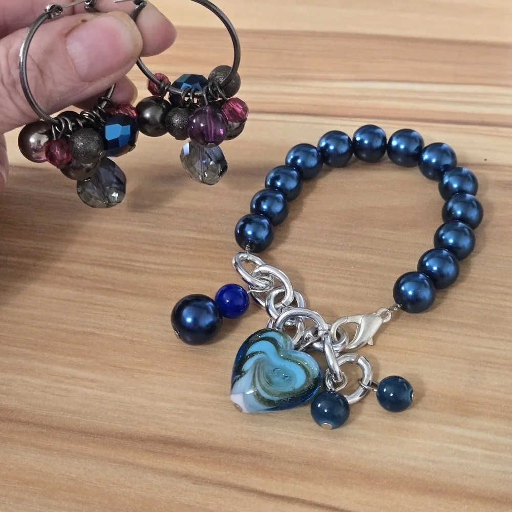 Chunky Bracelet Earrings Set Silvertone Acrylic and Glass Beads Blue Purple Boho